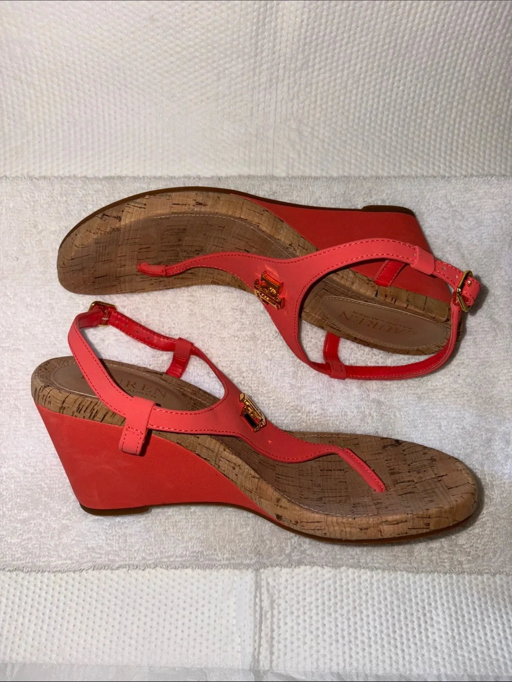 Lauren Ralph Coral Thong Wedge Sandals with Gold RL Emblem